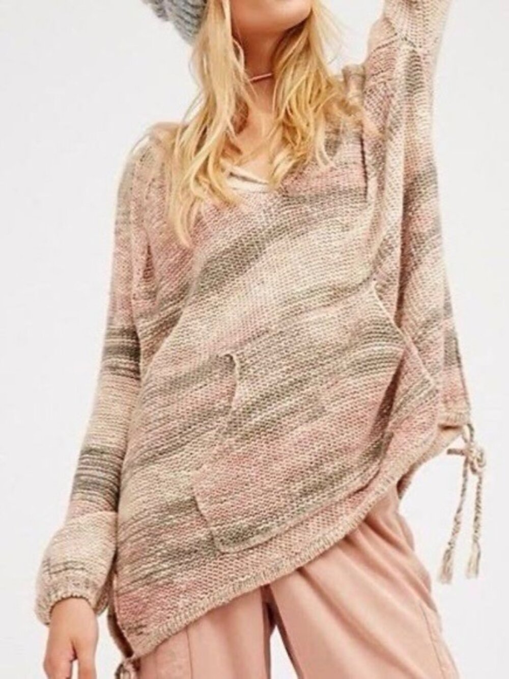 Free People Hooded Neutral Tone Long Sleeve V-Neck Knit Sweater XS Coastal Boho